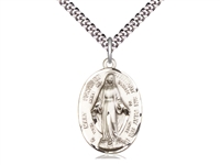 Sterling Silver Immaculate Conception Pendant, Stainless Silver Heavy Curb Chain, Medium Size Catholic Medal, 1" x 5/8"