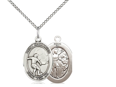 Sterling Silver St. Sebastian / Soccer Pendant, SS Lite Curb Chain, Medium Size Catholic Medal, 3/4" x 1/2"