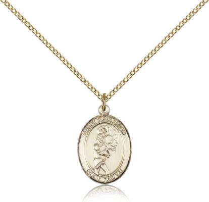 Gold Filled St. Sebastian / Softball Pendant, GF Lite Curb Chain, Medium Size Catholic Medal, 3/4" x 1/2"