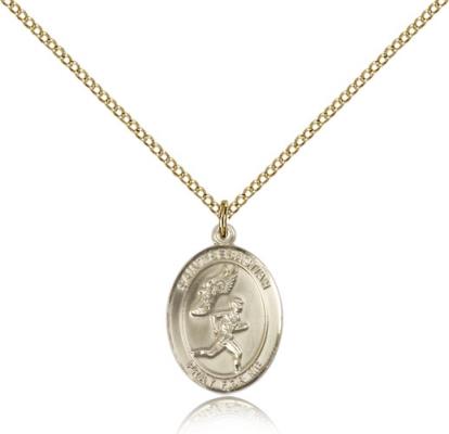 Gold Filled St. Sebastian / Track & Field Pendant, GF Lite Curb Chain, Medium Size Catholic Medal, 3/4" x 1/2"