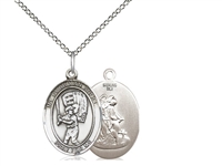 Sterling Silver Guardian Angel / Baseball Pendant, SS Lite Curb Chain, Medium Size Catholic Medal, 3/4" x 1/2"