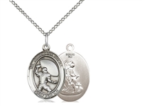 Sterling Silver Guardian Angel / Football Pendant, SS Lite Curb Chain, Medium Size Catholic Medal, 3/4" x 1/2"