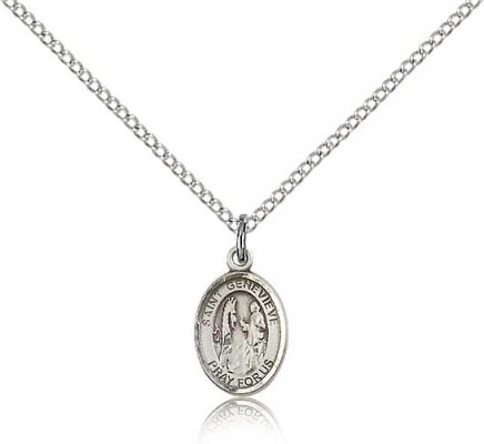 Sterling Silver St. Genevieve Pendant, Sterling Silver Lite Curb Chain, Small Size Catholic Medal, 1/2" x 1/4"