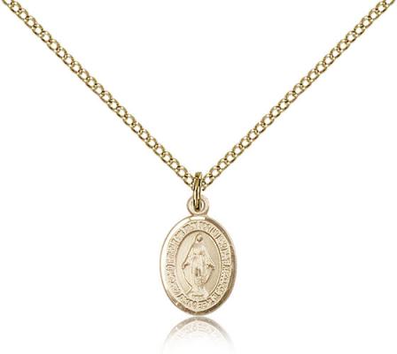 Gold Filled Miraculous Pendant, Gold Filled Lite Curb Chain, Small Size Catholic Medal, 1/2" x 1/4"