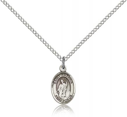 Sterling Silver St. Patrick Pendant, Sterling Silver Lite Curb Chain, Small Size Catholic Medal, 1/2" x 1/4"