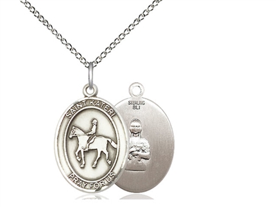 Sterling Silver St. Kateri / Equestrian Pendant, SS Lite Curb Chain, Small Size Catholic Medal, 1/2" x 1/4"