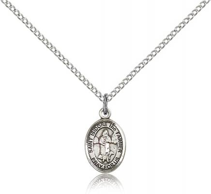 Sterling Silver St. Isidore the Farmer Pendant, Sterling Silver Lite Curb Chain, Small Size Catholic Medal, 1/2" x 1/4"