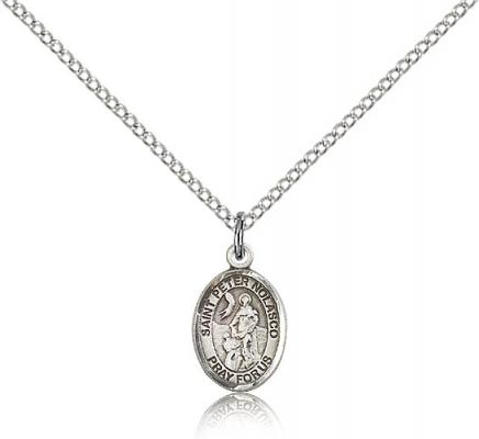 Sterling Silver St. Peter Nolasco Pendant, Sterling Silver Lite Curb Chain, Small Size Catholic Medal, 1/2" x 1/4"