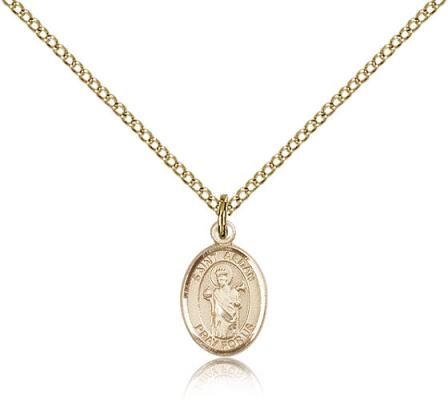 Gold Filled St. Aedan of Ferns Pendant, Gold Filled Lite Curb Chain, Small Size Catholic Medal, 1/2" x 1/4"