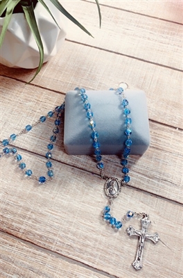 Silver Plated Crucifix and Center Light Blue Crystal Bead Rosary
