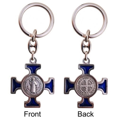 Blue Enamel Saint Benedict Cross Keychain