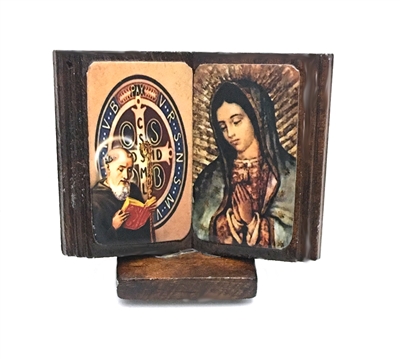 Saint Benedict & Guadalupe Wood Standing Adhesive Plaque