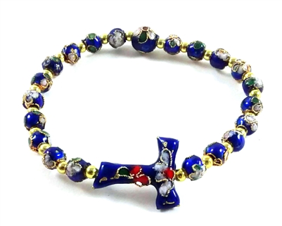Blue Cloisonne Bead Tau Cross Rosary Bracelet