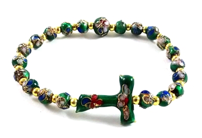 Green Cloisonne Bead Tau Cross Rosary Bracelet