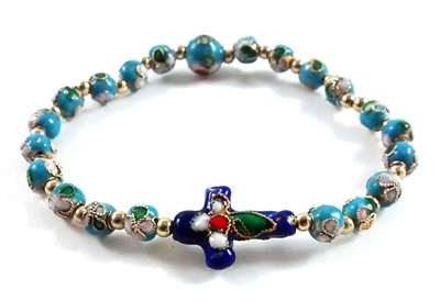 Blue Two-Tone Cloisonne Bead Cross Rosary Bracelet