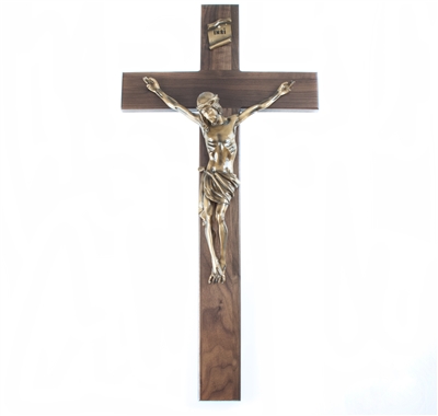 34" Walnut Crucifix, 15" Resin Corpus, Antique Gold Finish