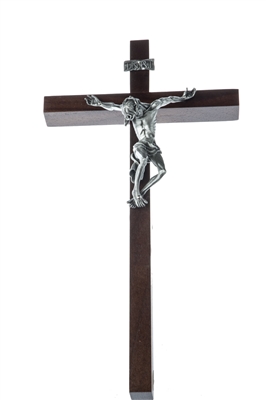 10" Walnut "Pained Jesus" Crucifix, Antique Pewter Finish Corpus