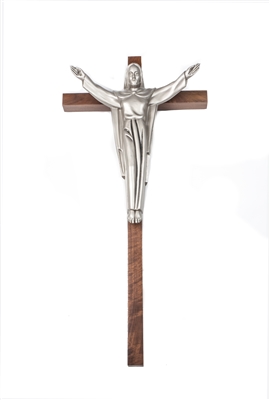 34" Walnut Crucifix, 18" Metal Risen Corpus, Antique Pewter Finish 