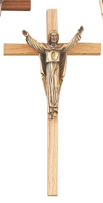 12" Oak Crucifix, 6" Risen Christ Corpus, Antique Gold Finish