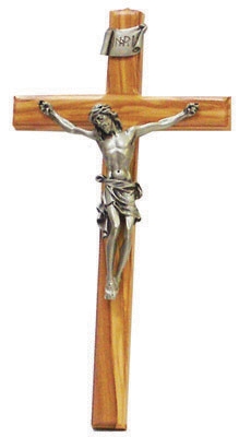 10" Beveled Edge Olive Wood Crucifix, Antique Pewter Finish Corpus