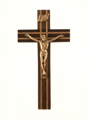 8" Walnut Crucifix Oak Inlay, 3.5" Antique Gold Finish Corpus