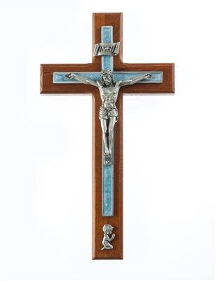 8" Cherry Baby Boy Crucifix with Blue Pearlized Epoxy, Antique Pewter Corpus