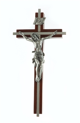8" Walnut Crucifix, Nickel Plated Inlay, 3.5" Pewter Corpus