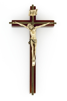 10" Walnut Crucifix witih Gold Plated Inlay, 4.5" Antique Gold Finish Corpus
