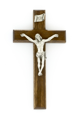 8" Walnut Crucifix, 3.5" Antique Pewter Finish Corpus