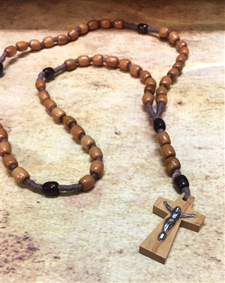 Light Brown/Dark Brown Wood Bead Cord Rosary