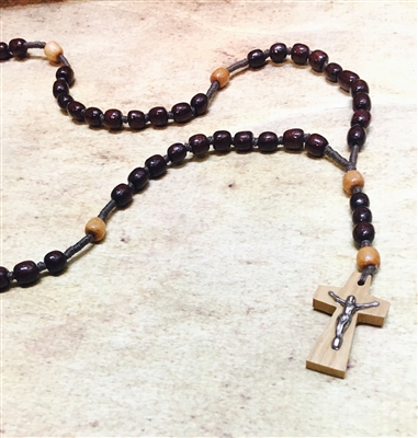 Dark Brown/Light Brown Wood Bead Cord Rosary