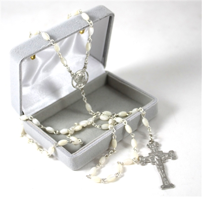 Exquisite Petite Mother of Pearl Rosary with Silver Plated Crucifix and Center