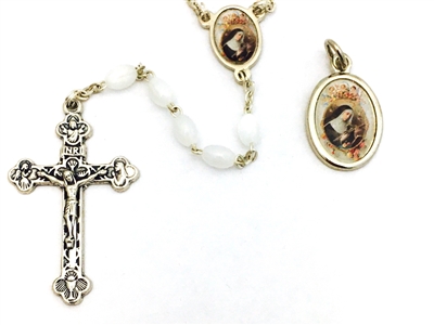 Saint Rita White Cats-Eye Bead Rosary and Colored Saint Rita Medal Set