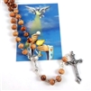 First Communion Olive Wood Bead Rosary with Holy Card