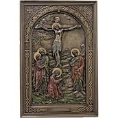 Crucifixion plaque in lightly hand-painted cold cast bronze 6x9"