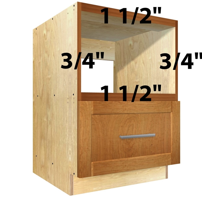 Base appliance case with DUAL TOP RAIL, DUAL FIXED MID SHELF, appliance opening, and bottom drawer