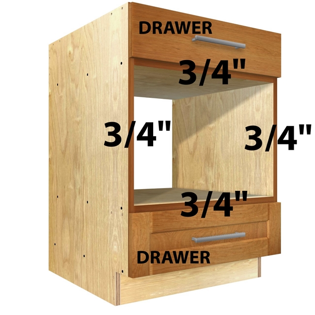 Base appliance case with a top drawer, appliance opening, and bottom drawer