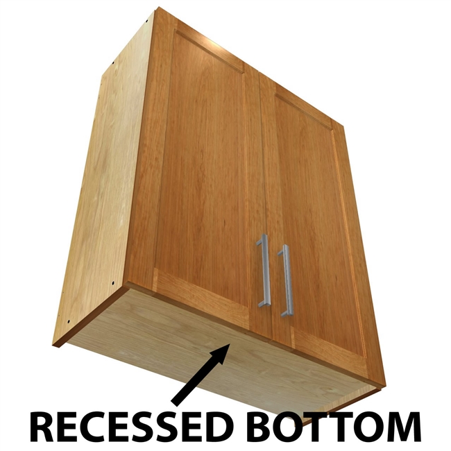 2 door wall cabinet with recessed bottom to conceal under cabinet lighting behind the doors