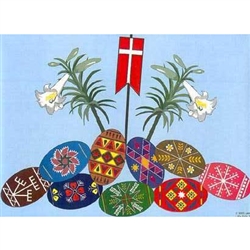 Celebrate the Easter season with these beautiful placemats. These original designs will make any table festive with their beautiful eggs, lilies, and resurrection flag. Size is 14" x 10"