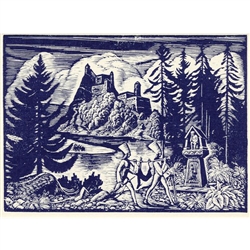 Podhale Landscape Note Card - 1915 woodcut print by Wladyslaw Skoczylas. Wladyslaw Skoczylas (pronounced Vwha-di-swhav Sko-chi-lahs) was born in Wieliczka, Poland in 1883. He moved to the Podhale/Tatra Mountain region of southern Poland, and became an in