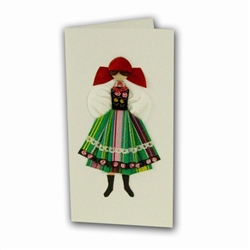 This card is dressed with material and wooden head to give a very special doll-like effect.