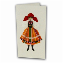 This card is dressed with material and wooden head to give a very special doll-like effect.