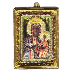 Hand painted and decorated glass blown icon ornament is enhanced with glitter and a gold finish. The back and sides are finished in a gold and silvered frame. The back has a white window inscribed with "Our Lady of Czestochowa" This exquisite icon ornamen