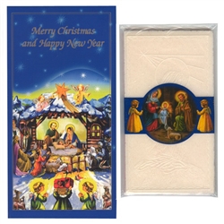 Nativity Christmas card filled with a packet of oplatki wafers. These cards all feature the Nativity scene and a "Merry Christmas and Happy New Year" greeting in English.  Inside greeting "...A Blessed Christmas with Love, Peace and Happiness in the New Y