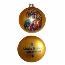 Our Lady of Czestochowa is painted on this matte gold ornament and studded with glitter.