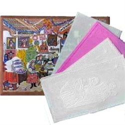 Authentic, traditional, historic, Christmas wafers from Poland.4 wafers (3 white and 1 pink) in this beautiful envelope featuring the painting of the Wigilia feast.  Each wafer is embossed (pressed) with a Nativity scene.