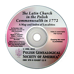 The maps and index of this CD identify approximately 6,500 parishes and branch churches of the Latin rite in Poland before the first partition in 1772. It also encompasses Silesia, Moldavia and the Duchy of Courland. Published 2010.