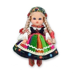 This doll, dressed in a traditional Lowicz outfit, wonderfully hand crafted and fun to collect. Costumes are hand made, so costume and colors can vary.