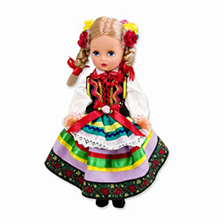 This doll, dressed in a traditional Lublin outfit, wonderfully crafted and fun to collect. Costumes are hand made, so costume and colors will vary.