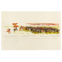 This painting from the original 17th century piece is by contemporary artist Bohdan Wroblewski, and is of a section from the famous "Stockholm Scroll" showing Sebastian Sobieski, the court standard bearer with the royal flag, leading the Regiment of the R